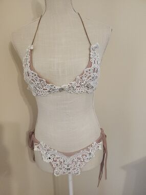 Blush Bikini Set with White Lace Appliqué